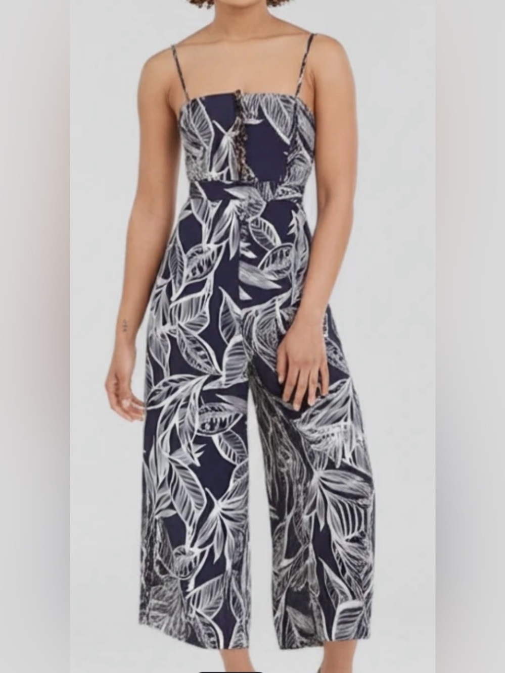 FAVLUX Navy & White Strapless Leaf-Print Wide-Leg Jumpsuit Spaghetti Straps Sz M